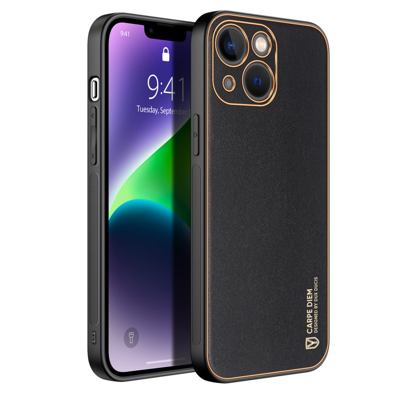 Dux Ducis Yolo iPhone 14 Plus dėklas, elegantiškas juodos spalvos ekologiškos odos dėklas