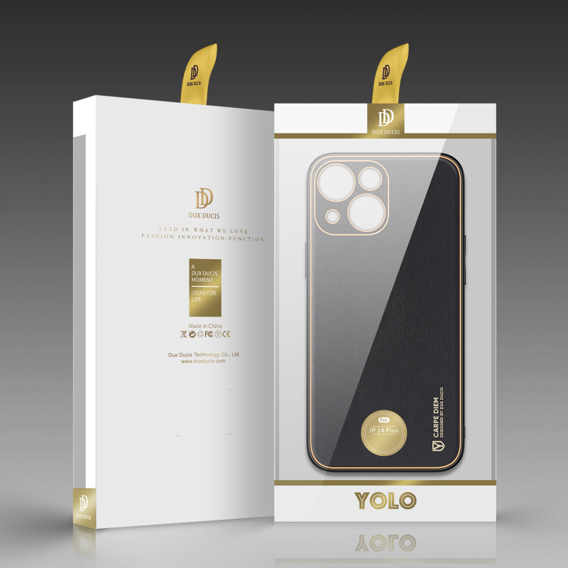 Dux Ducis Yolo iPhone 14 Plus dėklas, elegantiškas juodos spalvos ekologiškos odos dėklas