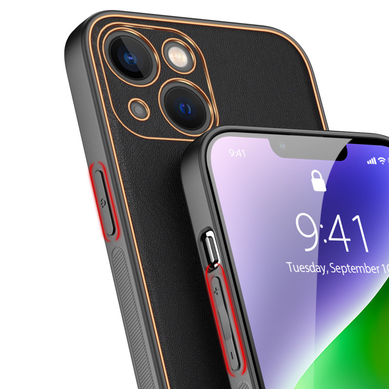 Dux Ducis Yolo iPhone 14 Plus dėklas, elegantiškas juodos spalvos ekologiškos odos dėklas