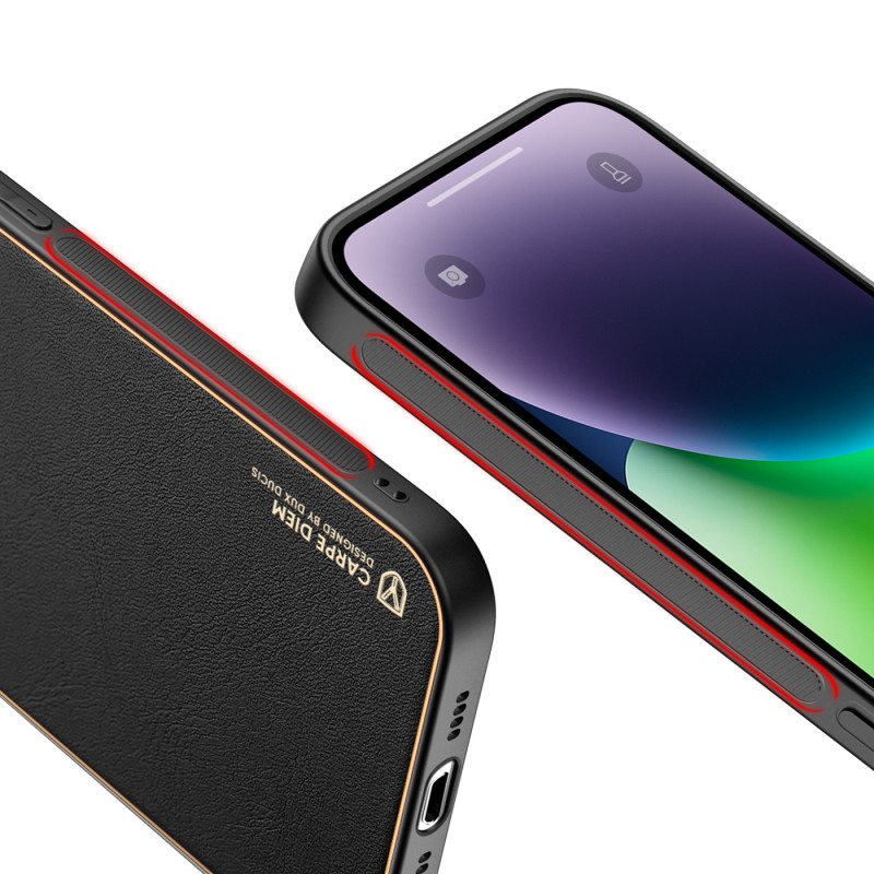 Dux Ducis Yolo iPhone 14 Plus dėklas, elegantiškas juodos spalvos ekologiškos odos dėklas