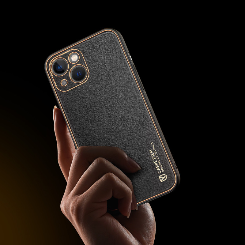 Dux Ducis Yolo iPhone 14 Plus dėklas, elegantiškas juodos spalvos ekologiškos odos dėklas