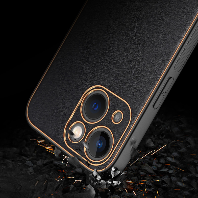 Dux Ducis Yolo iPhone 14 Plus dėklas, elegantiškas juodos spalvos ekologiškos odos dėklas