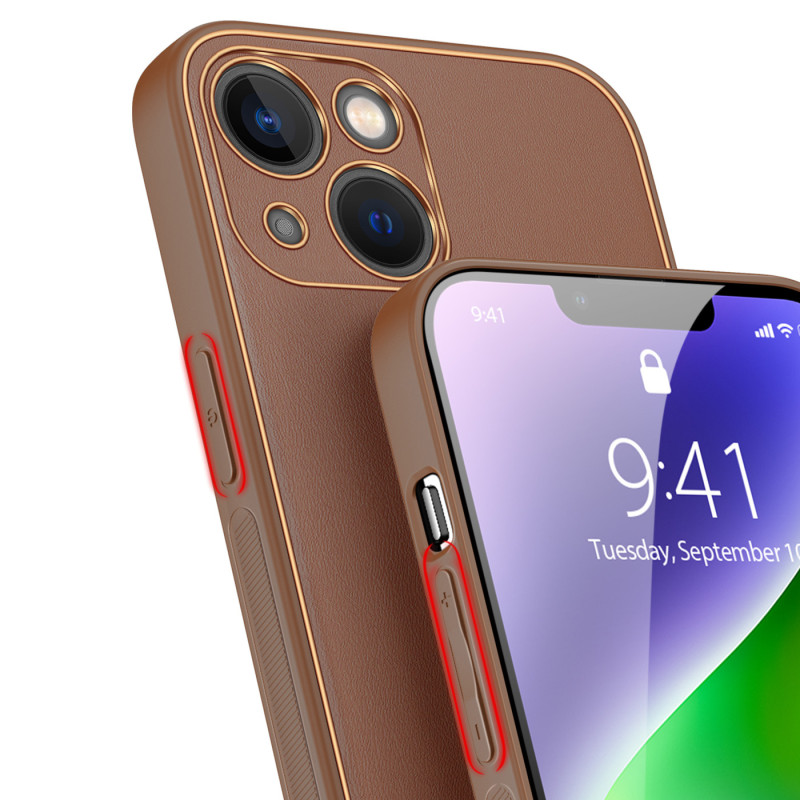 Dux Ducis Yolo iPhone 14 Plus dėklas, elegantiškas dėklas pagamintas iš rudos ekologiškos odos