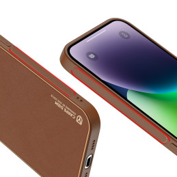 Dux Ducis Yolo iPhone 14 Plus dėklas, elegantiškas dėklas pagamintas iš rudos ekologiškos odos