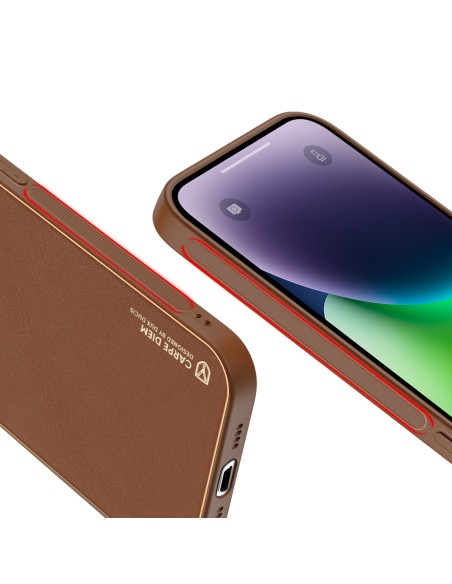 Dux Ducis Yolo iPhone 14 Plus dėklas, elegantiškas dėklas pagamintas iš rudos ekologiškos odos Dux Ducis Yolo iPhone 14 Plus dėklas, elegantiškas dėklas pagamintas iš rudos ekologiškos odos
