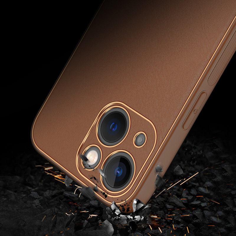 Dux Ducis Yolo iPhone 14 Plus dėklas, elegantiškas dėklas pagamintas iš rudos ekologiškos odos