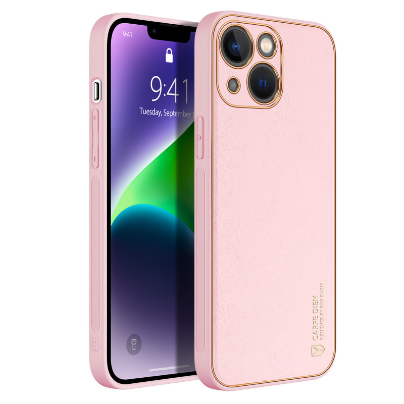 Dux Ducis Yolo dėklas iPhone 14 Plus, elegantiškas dangtelis iš ekologiškos odos, rožinis