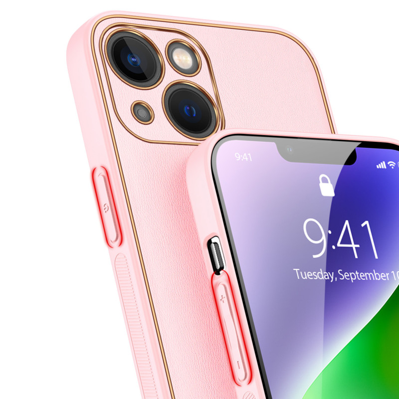 Dux Ducis Yolo dėklas iPhone 14 Plus, elegantiškas dangtelis iš ekologiškos odos, rožinis
