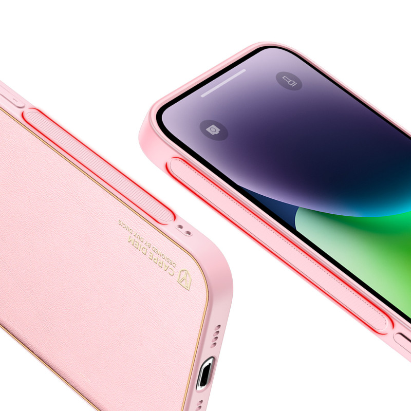 Dux Ducis Yolo dėklas iPhone 14 Plus, elegantiškas dangtelis iš ekologiškos odos, rožinis