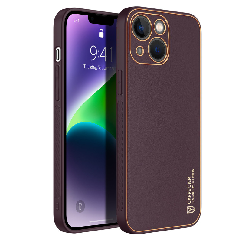 Dux Ducis Yolo iPhone 14 Plus dėklas, elegantiškas dėklas pagamintas iš violetinės ekologiškos odos
