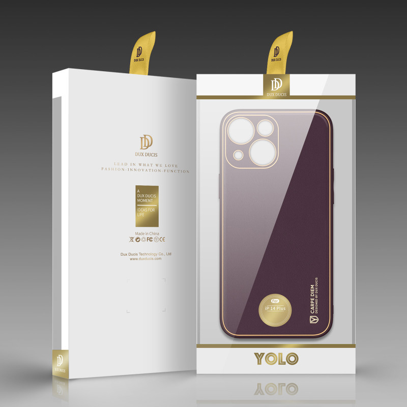 Dux Ducis Yolo iPhone 14 Plus dėklas, elegantiškas dėklas pagamintas iš violetinės ekologiškos odos
