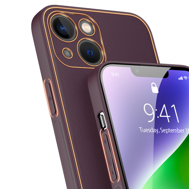 Dux Ducis Yolo iPhone 14 Plus dėklas, elegantiškas dėklas pagamintas iš violetinės ekologiškos odos