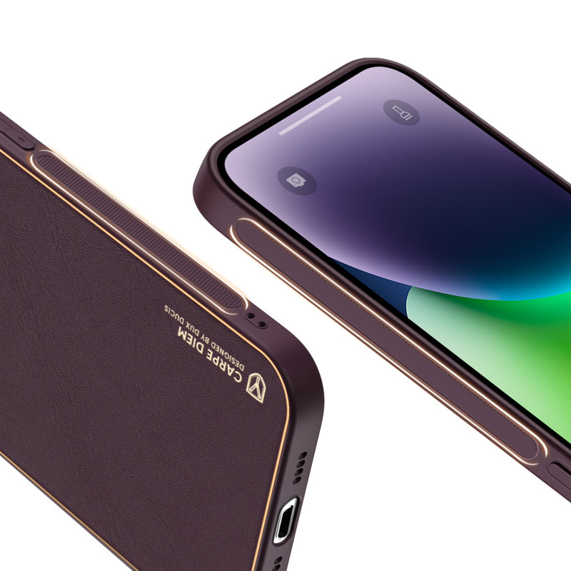 Dux Ducis Yolo iPhone 14 Plus dėklas, elegantiškas dėklas pagamintas iš violetinės ekologiškos odos