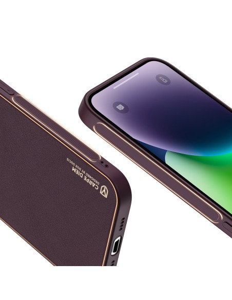 Dux Ducis Yolo iPhone 14 Plus dėklas, elegantiškas dėklas pagamintas iš violetinės ekologiškos odos Dux Ducis Yolo iPhone 14 Plus dėklas, elegantiškas dėklas pagamintas iš violetinės ekologiškos odos