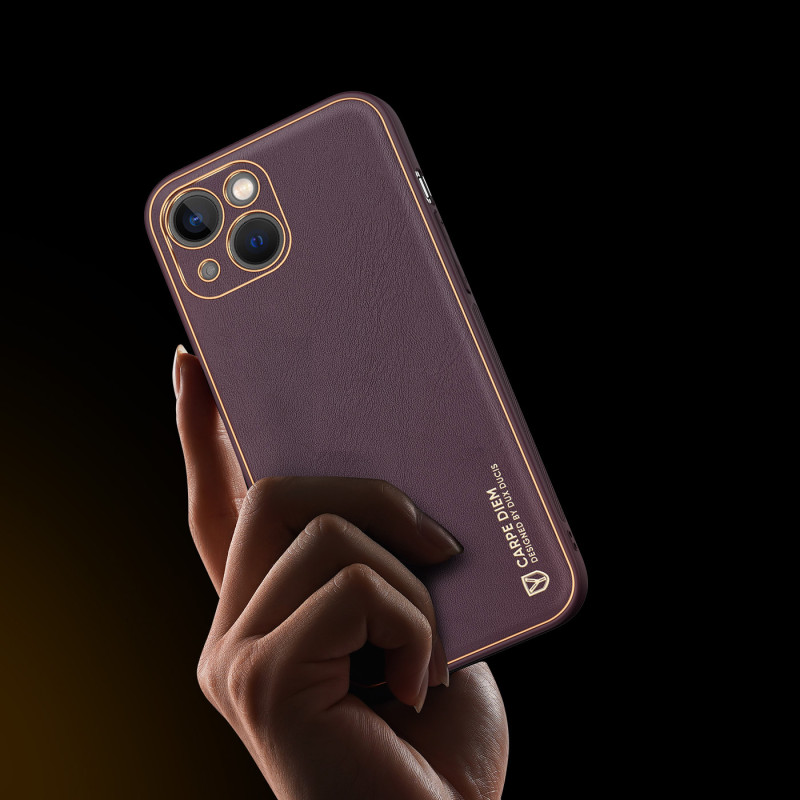 Dux Ducis Yolo iPhone 14 Plus dėklas, elegantiškas dėklas pagamintas iš violetinės ekologiškos odos
