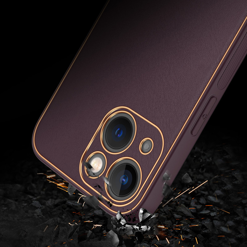 Dux Ducis Yolo iPhone 14 Plus dėklas, elegantiškas dėklas pagamintas iš violetinės ekologiškos odos
