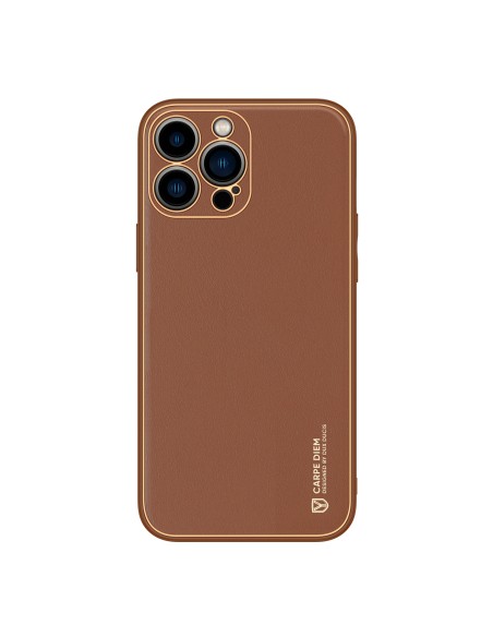 Dux Ducis Yolo iPhone 14 Pro dėklas, elegantiškas dėklas pagamintas iš rudos ekologiškos odos