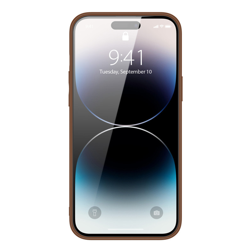 Dux Ducis Yolo iPhone 14 Pro dėklas, elegantiškas dėklas pagamintas iš rudos ekologiškos odos