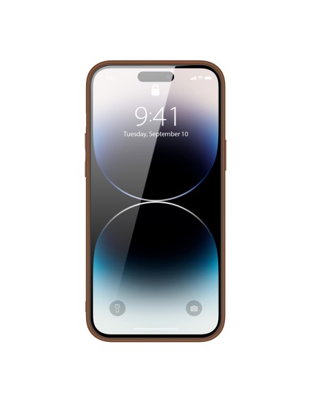 Dux Ducis Yolo iPhone 14 Pro dėklas, elegantiškas dėklas pagamintas iš rudos ekologiškos odos