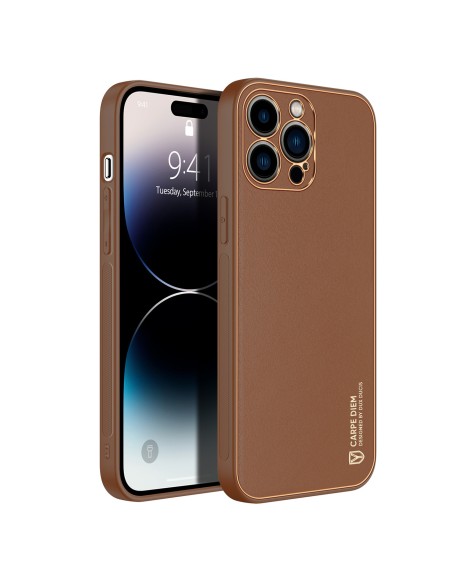 Dux Ducis Yolo iPhone 14 Pro dėklas, elegantiškas dėklas pagamintas iš rudos ekologiškos odos