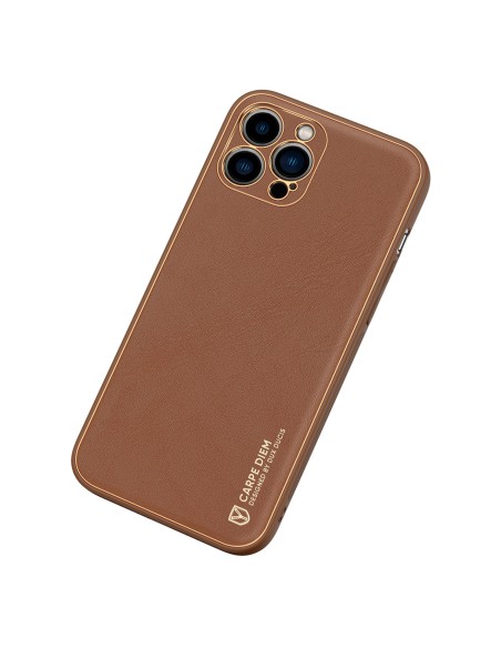 Dux Ducis Yolo iPhone 14 Pro dėklas, elegantiškas dėklas pagamintas iš rudos ekologiškos odos