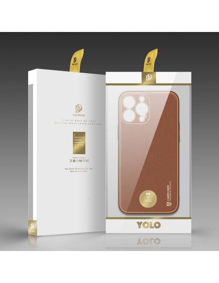 Dux Ducis Yolo iPhone 14 Pro dėklas, elegantiškas dėklas pagamintas iš rudos ekologiškos odos