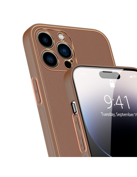 Dux Ducis Yolo iPhone 14 Pro dėklas, elegantiškas dėklas pagamintas iš rudos ekologiškos odos