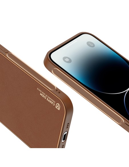 Dux Ducis Yolo iPhone 14 Pro dėklas, elegantiškas dėklas pagamintas iš rudos ekologiškos odos