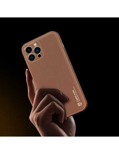 Dux Ducis Yolo iPhone 14 Pro dėklas, elegantiškas dėklas pagamintas iš rudos ekologiškos odos