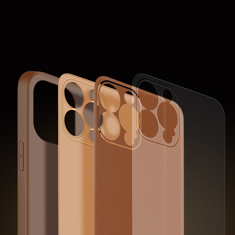 Dux Ducis Yolo iPhone 14 Pro dėklas, elegantiškas dėklas pagamintas iš rudos ekologiškos odos