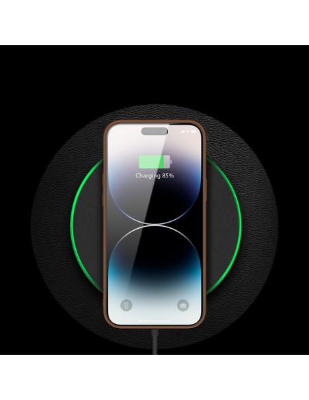 Dux Ducis Yolo iPhone 14 Pro dėklas, elegantiškas dėklas pagamintas iš rudos ekologiškos odos