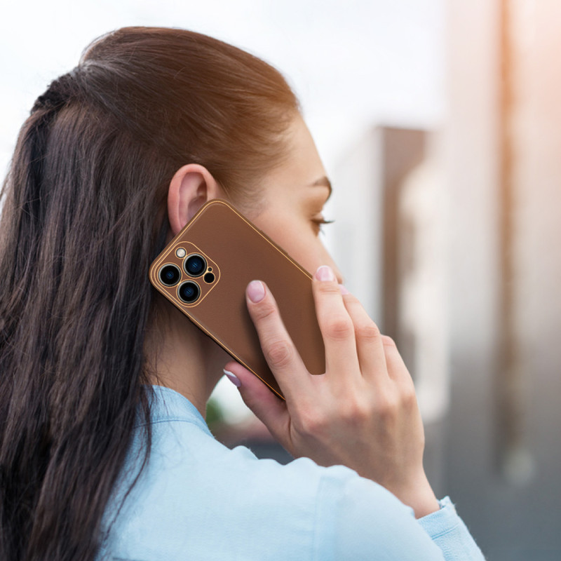 Dux Ducis Yolo iPhone 14 Pro dėklas, elegantiškas dėklas pagamintas iš rudos ekologiškos odos