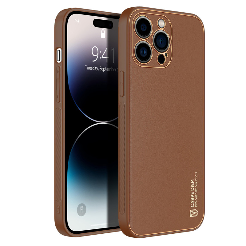 Dux Ducis Yolo dėklas iPhone 14 Pro Max, elegantiškas dangtelis iš rudos ekologiškos odos