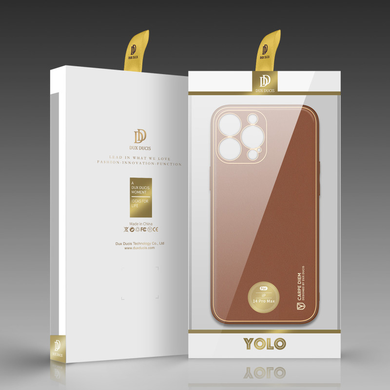 Dux Ducis Yolo dėklas iPhone 14 Pro Max, elegantiškas dangtelis iš rudos ekologiškos odos