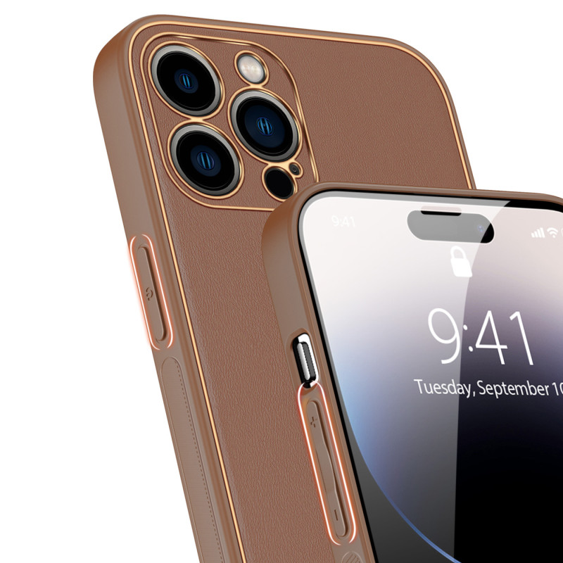 Dux Ducis Yolo dėklas iPhone 14 Pro Max, elegantiškas dangtelis iš rudos ekologiškos odos