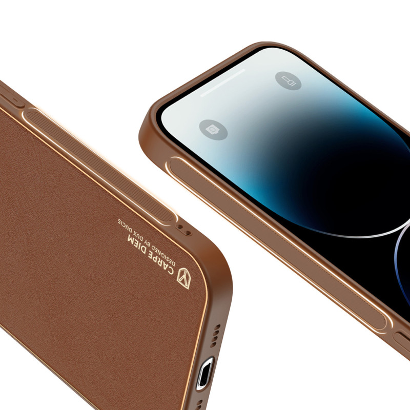 Dux Ducis Yolo dėklas iPhone 14 Pro Max, elegantiškas dangtelis iš rudos ekologiškos odos