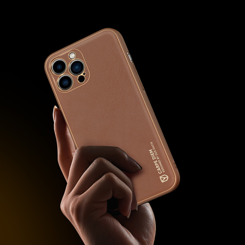 Dux Ducis Yolo dėklas iPhone 14 Pro Max, elegantiškas dangtelis iš rudos ekologiškos odos