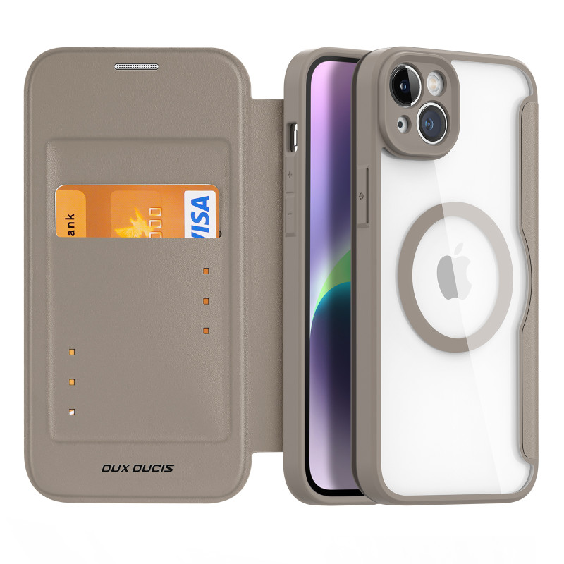 Dux Ducis Skin X Pro dėklas iPhone 14 Plus magnetinis MagSafe dangtelis su smėlio spalvos atvartu