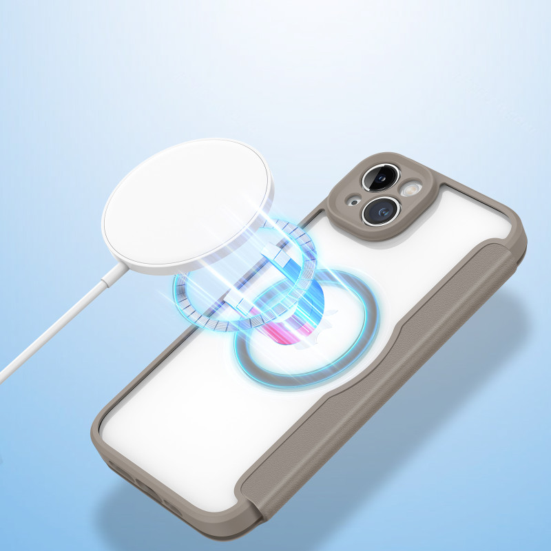 Dux Ducis Skin X Pro dėklas iPhone 14 Plus magnetinis MagSafe dangtelis su smėlio spalvos atvartu