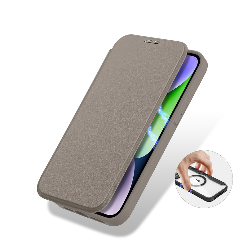 Dux Ducis Skin X Pro dėklas iPhone 14 Plus magnetinis MagSafe dangtelis su smėlio spalvos atvartu