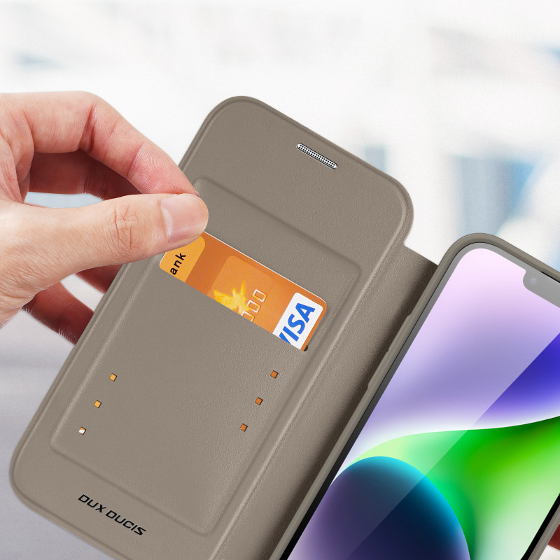 Dux Ducis Skin X Pro dėklas iPhone 14 Plus magnetinis MagSafe dangtelis su smėlio spalvos atvartu