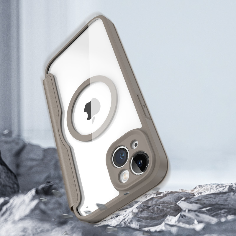 Dux Ducis Skin X Pro dėklas iPhone 14 Plus magnetinis MagSafe dangtelis su smėlio spalvos atvartu