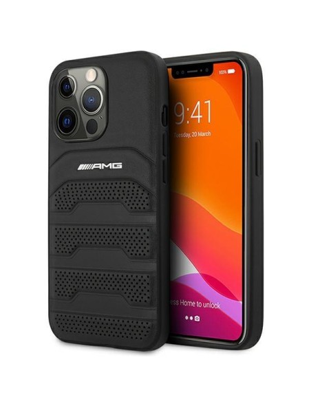 AMG Leather Debossed Lines dėklas, skirtas iPhone 14 Pro - juodas AMG Leather Debossed Lines dėklas, skirtas iPhone 14 Pro - juodas