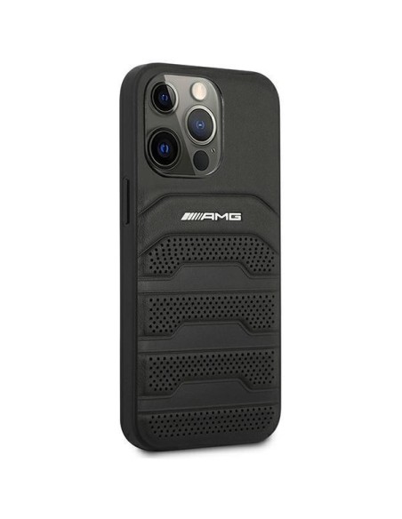 AMG Leather Debossed Lines dėklas, skirtas iPhone 14 Pro - juodas AMG Leather Debossed Lines dėklas, skirtas iPhone 14 Pro - juodas
