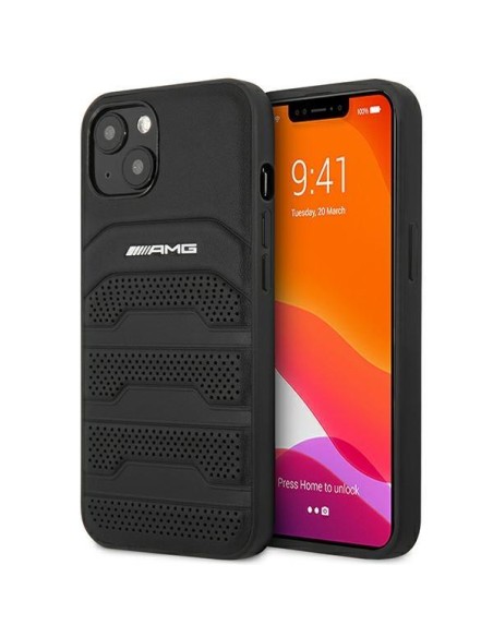 AMG Leather Debossed Lines dėklas, skirtas iPhone 14 Plus - juodas AMG Leather Debossed Lines dėklas, skirtas iPhone 14 Plus - juodas
