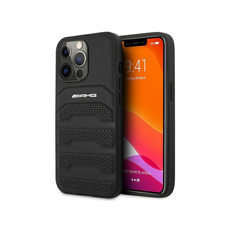 AMG Leather Debossed Lines dėklas, skirtas iPhone 14 Pro Max - juodas AMG Leather Debossed Lines dėklas, skirtas iPhone 14 Pro Max - juodas