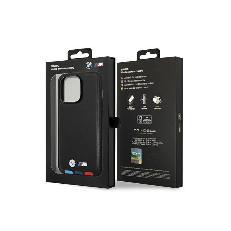 BMW Leather Stamp Tricolor dėklas iPhone 14 Pro - juodas