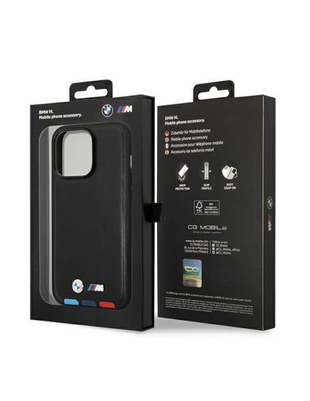 BMW Leather Stamp Tricolor dėklas iPhone 14 Pro - juodas BMW Leather Stamp Tricolor dėklas iPhone 14 Pro - juodas