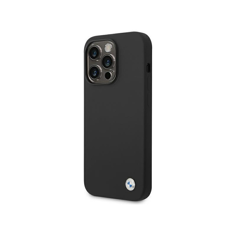 BMW Silicone Metal Logo dėklas iPhone 14 Pro - juodas