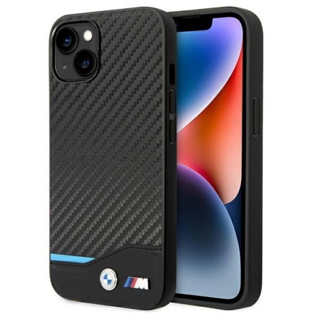 BMW Leather Carbon dėklas iPhone 14 Plus - juodas BMW Leather Carbon dėklas iPhone 14 Plus - juodas